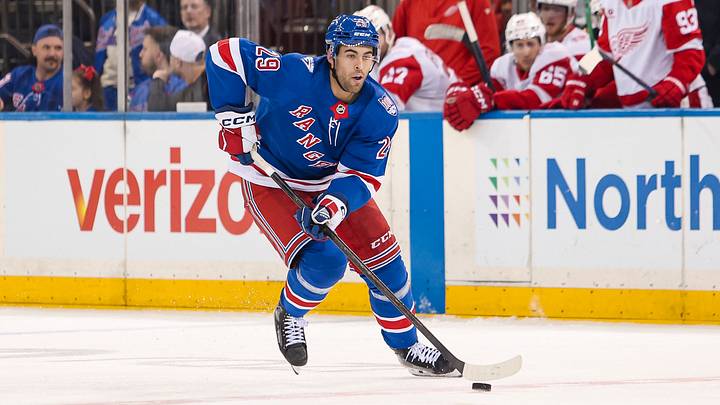 Apr 4, 2026; New York, New York, USA; New York Rangers defenseman Matthew Robertson (29) skates with the puck against the Detroit Red Wings during the second period at Madison Square Garden. Mandatory Credit: Danny Wild-Imagn Images