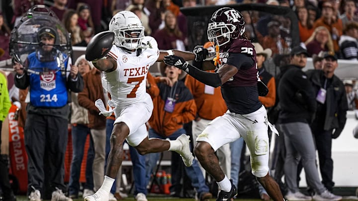 Texas A&M Will Lee III (26) forces an incomplete pass intended for Texas Longhorns receiver Isaiah Bond (7) during the Lone Star Showdown at Kyle Field on Saturday, Nov. 30, 2024 in College Station, Texas.