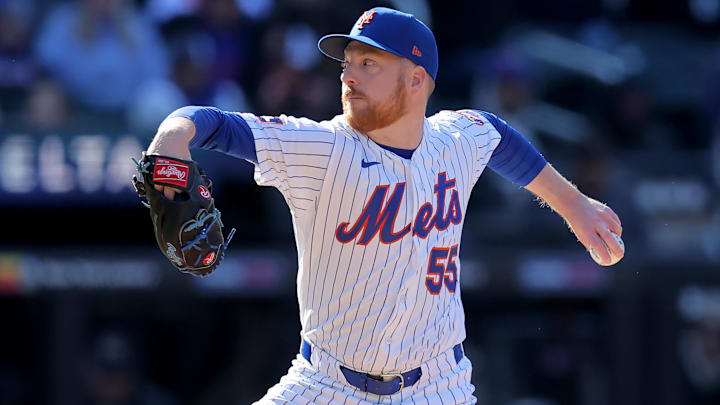 Mar 29, 2026; New York City, New York, USA; New York Mets relief pitcher Richard Lovelady (55) pitches against the Pittsburgh Pirates during the tenth inning at Citi Field. Mandatory Credit: Brad Penner-Imagn Images