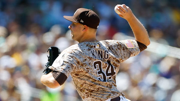 Apr 13, 2025; San Diego, California, USA; San Diego Padres starting pitcher Michael King (34) throws a pitch during the sixth inning against the Colorado Rockies at Petco Park. Mandatory Credit: David Frerker-Imagn Images