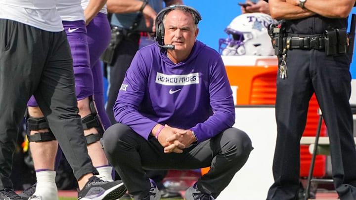 Sep 28, 2024; Kansas City, Missouri, USA; TCU Horned Frogs head coach Sonny Dykes watches play against the Kansas Jayhawks during the first half at GEHA Field at Arrowhead Stadium. Mandatory Credit: Denny Medley-Imagn Images