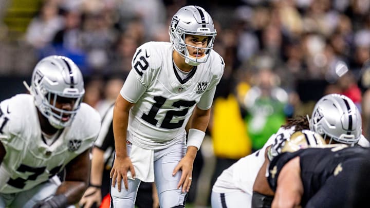 Dec 29, 2024; New Orleans, Louisiana, USA; Las Vegas Raiders quarterback Aidan O'Connell (12) calls for the ball against the New Orleans Saints during the first half at Caesars Superdome. Mandatory Credit: Stephen Lew-Imagn Images Dec 29, 2024; New Orleans, Louisiana, USA; Las Vegas Raiders quarterback Aidan O'Connell (12) calls for the ball against the New Orleans Saints during the first half at Caesars Superdome. Mandatory Credit: Stephen Lew-Imagn Images