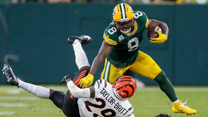 Green Bay Packers running back Josh Jacobs (8) stiff-arms Cincinnati Bengals cornerback Cam Taylor-Britt (29) on Sunday, October 12, 2025, at Lambeau Field in Green Bay, Wis. The Packers won the game, 27-18.
Tork Mason/USA TODAY NETWORK-Wisconsin Green Bay Packers running back Josh Jacobs (8) stiff-arms Cincinnati Bengals cornerback Cam Taylor-Britt (29) on Sunday, October 12, 2025, at Lambeau Field in Green Bay, Wis. The Packers won the game, 27-18.
Tork Mason/USA TODAY NETWORK-Wisconsin