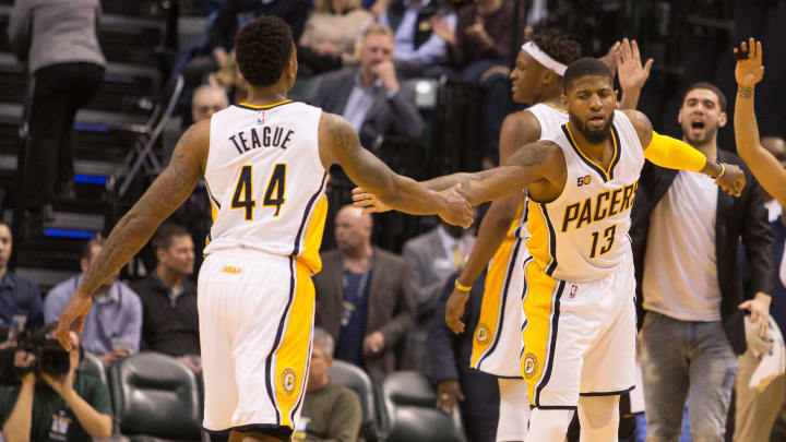 Mar 15, 2017; Indianapolis, IN, USA; Indiana Pacers forward Paul George (13) and guard Jeff Teague (44) celebrate in the second half of the game against the Charlotte Hornets at Bankers Life Fieldhouse. Indiana Pacers beat the Charlotte Hornets 98-77.Mandatory Credit: Trevor Ruszkowski-USA TODAY Sports
