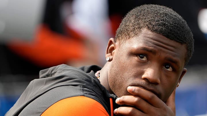 Cincinnati Bengals Tee Higgins who was inactive for the Bengals home opener watches the scoreboard as his team is defeated by the New England Patriots 16-10 at Paycor Stadium Sunday, September 8, 2024. Cincinnati Bengals Tee Higgins who was inactive for the Bengals home opener watches the scoreboard as his team is defeated by the New England Patriots 16-10 at Paycor Stadium Sunday, September 8, 2024.