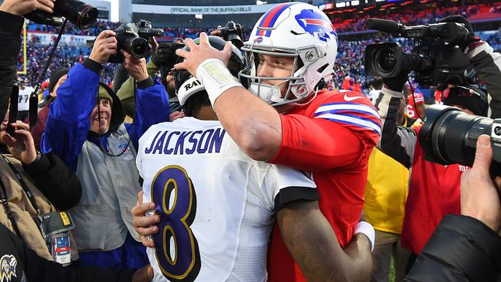 Baltimore Ravens quarterback Lamar Jackson (8) and Buffalo Bills quarterback Josh Allen (17) embrace following the game at New Era Field. Mandatory Credit: Rich Barnes-USA TODAY Sports Baltimore Ravens quarterback Lamar Jackson (8) and Buffalo Bills quarterback Josh Allen (17) embrace following the game at New Era Field. Mandatory Credit: Rich Barnes-USA TODAY Sports