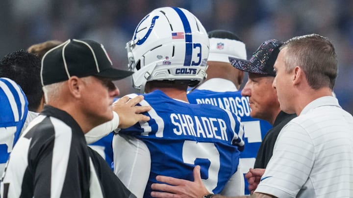 Indianapolis Colts kicker Spencer Shrader (3) is helped off the field after a collision Sunday, Oct. 5, 2025, during a game against the Las Vegas Raiders at Lucas Oil Stadium in Indianapolis.