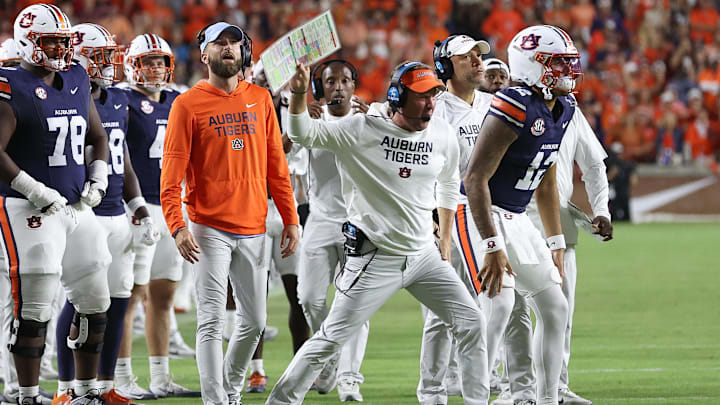 Oct 11, 2025; Auburn, Alabama, USA;  Auburn Tigers head coach Hugh Freeze reacts to a call during the second quarter against the Georgia Bulldogs at Jordan-Hare Stadium. Mandatory Credit: John Reed-Imagn Images