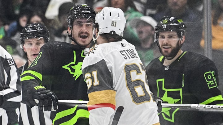 Nov 22, 2023; Dallas, Texas, USA; Vegas Golden Knights right wing Mark Stone (61) shoves Dallas