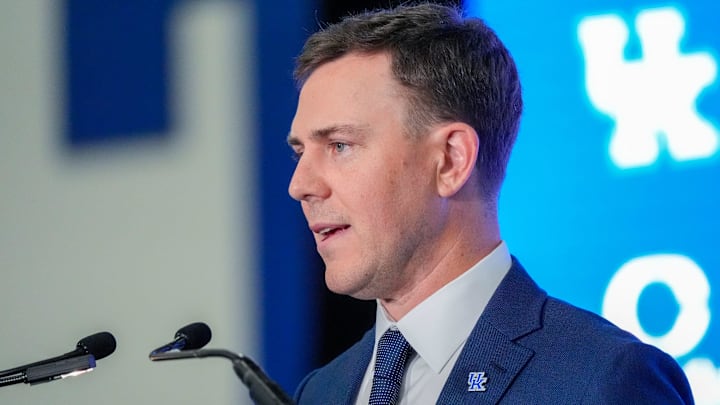 New Kentucky Wildcat head coach Will Stein makes remarks as he is introduced at Kentucky on Wednesday, December 3, 2025