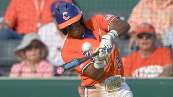 Clemson sophomore Jarren Purify (23) bats against Notre Dame during the bottom of the fifth inning at Doug Kingsmore Stadum in Clemson, S.C. Friday, March 14, 2025.