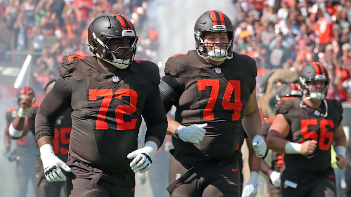 Browns guard Teven Jenkins (74) looked like he'd be making his second start this season against his old team but now he's hurting.