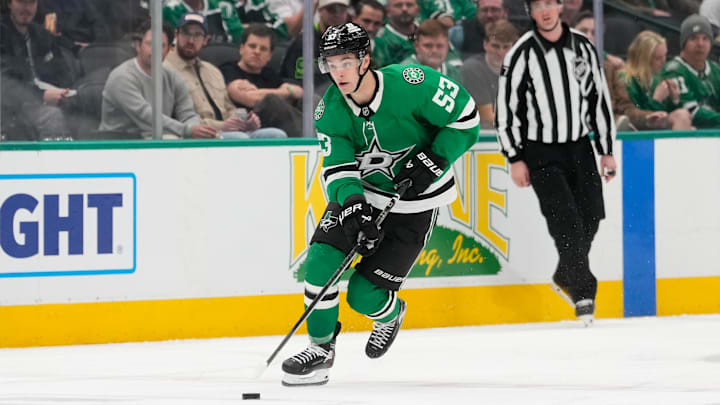 Feb 28, 2025; Dallas, Texas, USA;  Dallas Stars center Wyatt Johnston (53) skates with the puck against the Los Angeles Kings during the second period at American Airlines Center. Mandatory Credit: Chris Jones-Imagn Images