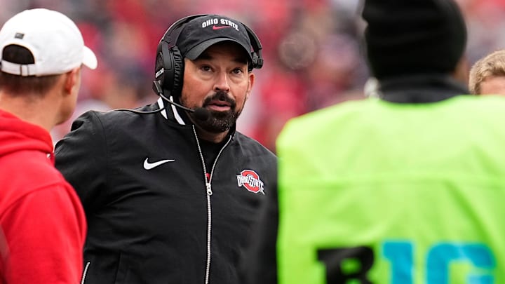 Ohio State Buckeyes head coach Ryan Day watches during the first half of the NCAA football game against the Indiana Hoosiers at Ohio Stadium in Columbus on Saturday, Nov. 23, 2024.