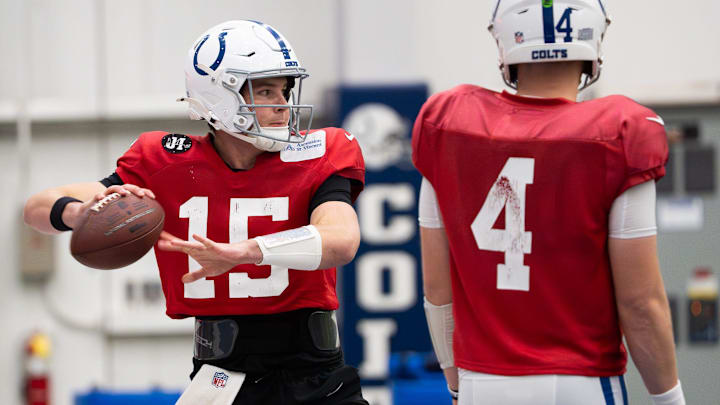 Indianapolis Colts quarterback Riley Leonard (15) delivers a pass Wednesday, Dec. 10, 2025, during practice at the Colts training facility in Indianapolis.