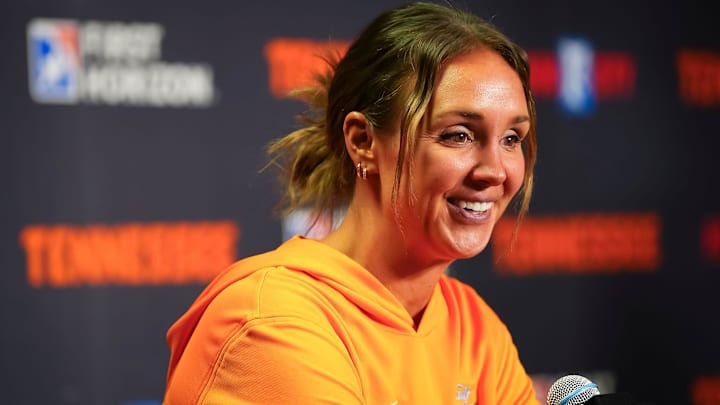 Tennessee coach Kim Caldwell during the Lady Vols' media day held at Thompson-Boling Arena at Food City Center in Knoxville on Oct. 22, 2025. Tennessee coach Kim Caldwell during the Lady Vols' media day held at Thompson-Boling Arena at Food City Center in Knoxville on Oct. 22, 2025.
