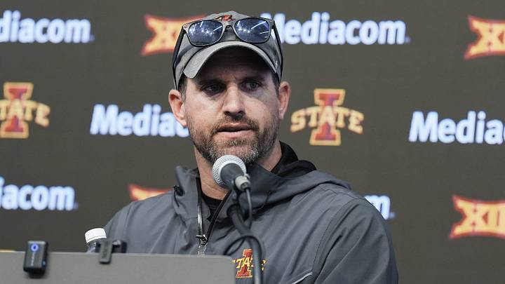 Iowa State football head coach Jimmy Rogers talks to media after first day practice at the university’s Stark Performance Center in Ames, Iowa.