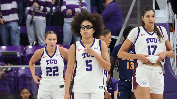 TCU guard Maddie Scherr (left), guard Olivia Miles (center) and center Clara Silva walk down the court during a game against UTEP on Dec. 6. TCU guard Maddie Scherr (left), guard Olivia Miles (center) and center Clara Silva walk down the court during a game against UTEP on Dec. 6.
