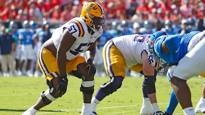 Sep 27, 2025; Oxford, Mississippi, USA; LSU Tigers offensive lineman Carius Curne (57) waits for the snap during the first quarter against the Mississippi Rebels at Vaught-Hemingway Stadium. Mandatory Credit: Petre Thomas-Imagn Images