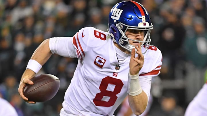 Jan 21, 2023; Philadelphia, Pennsylvania, USA; New York Giants quarterback Daniel Jones (8) runs