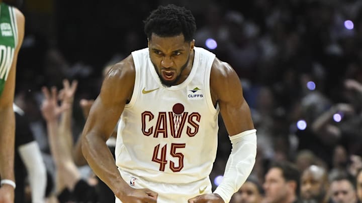 May 11, 2024; Cleveland, Ohio, USA; Cleveland Cavaliers guard Donovan Mitchell (45) reacts in the second quarter of game three of the second round of the 2024 NBA playoffs against the Boston Celtics at Rocket Mortgage FieldHouse. May 11, 2024; Cleveland, Ohio, USA; Cleveland Cavaliers guard Donovan Mitchell (45) reacts in the second quarter of game three of the second round of the 2024 NBA playoffs against the Boston Celtics at Rocket Mortgage FieldHouse.