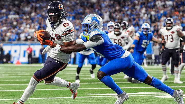 Detroit Lions cornerback Terrion Arnold (6) tackles Chicago Bears wide receiver Rome Odunze (15). Detroit Lions cornerback Terrion Arnold (6) tackles Chicago Bears wide receiver Rome Odunze (15).