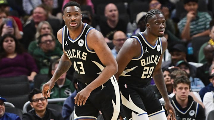 Apr 3, 2026; Milwaukee, Wisconsin, USA; Milwaukee Bucks forward Thanasis Antetokounmpo (43) plays together with his brother, forward Alex Antetokounmpo (29), for the first time, in the fourth quarter against the Boston Celtics at Fiserv Forum. Mandatory Credit: Benny Sieu-Imagn Images