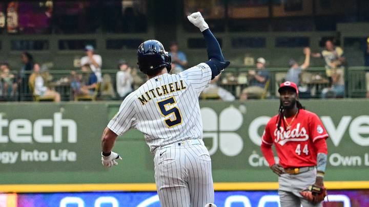 Sep 12, 2026; Milwaukee, Wisconsin, USA; Milwaukee Brewers center fielder Garrett Mitchell (5) reacts after hitting a two run home run in the first inning against the Cincinnati Reds at American Family Field. Mandatory Credit: Benny Sieu-Imagn Images Sep 12, 2026; Milwaukee, Wisconsin, USA; Milwaukee Brewers center fielder Garrett Mitchell (5) reacts after hitting a two run home run in the first inning against the Cincinnati Reds at American Family Field. Mandatory Credit: Benny Sieu-Imagn Images