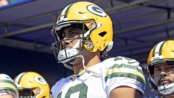 Oct 27, 2024; Jacksonville, Florida, USA; Green Bay Packers quarterback Jordan Love (10) takes the field before the game against the Jacksonville Jaguars at EverBank Stadium. Mandatory Credit: Melina Myers-Imagn Images