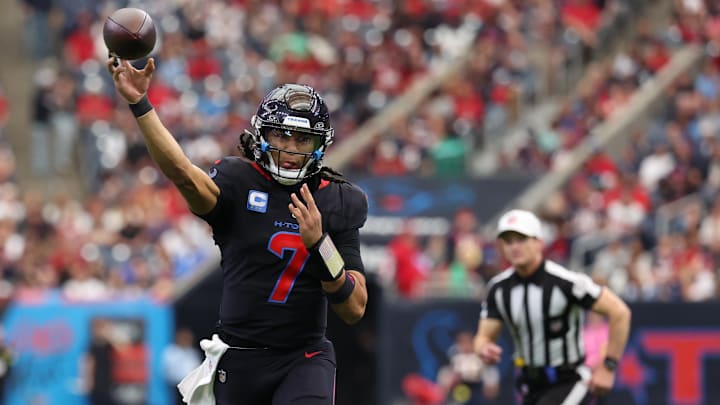 Jan 4, 2026; Houston, Texas, USA; Houston Texans quarterback C.J. Stroud (7) throws downfield against the Indianapolis Colts during the first half at NRG Stadium. Mandatory Credit: Thomas Shea-Imagn Images Jan 4, 2026; Houston, Texas, USA; Houston Texans quarterback C.J. Stroud (7) throws downfield against the Indianapolis Colts during the first half at NRG Stadium. Mandatory Credit: Thomas Shea-Imagn Images