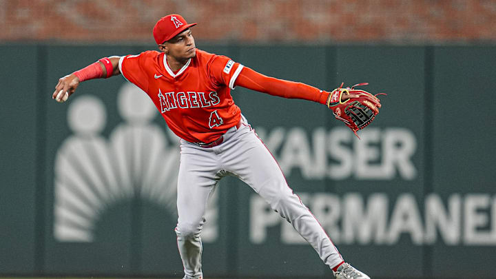 Jul 1, 2025; Cumberland, Georgia, USA; Los Angeles Angels second baseman Christian Moore (4) throws out Atlanta Braves designated hitter Marcell Ozuna (20) (not shown) during the eighth inning at Truist Park. Mandatory Credit: Dale Zanine-Imagn Images Jul 1, 2025; Cumberland, Georgia, USA; Los Angeles Angels second baseman Christian Moore (4) throws out Atlanta Braves designated hitter Marcell Ozuna (20) (not shown) during the eighth inning at Truist Park. Mandatory Credit: Dale Zanine-Imagn Images