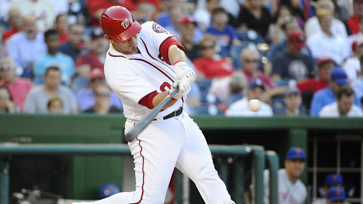 Sep 14, 2016; Washington, DC, USA; Washington Nationals catcher Wilson Ramos (40) hits a solo home run against the New York Mets during the seventh inning at Nationals Park. The Washington Nationals won 1-0.  