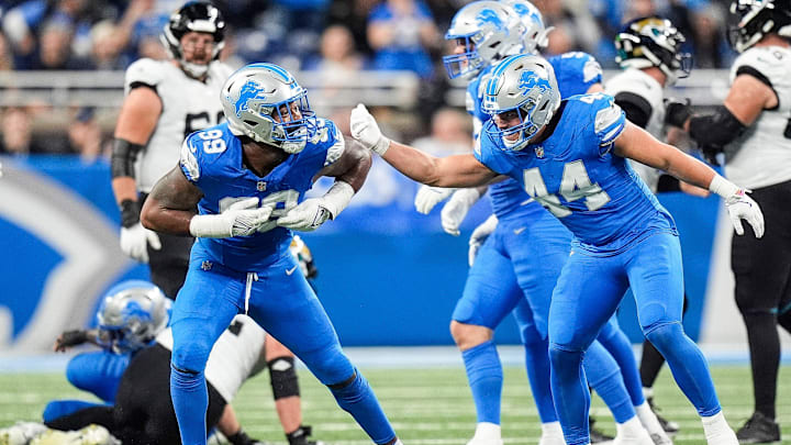 Detroit Lions defensive end Za'Darius Smith (99) celebrates a sack with linebacker Malcolm Rodriguez (44). Detroit Lions defensive end Za'Darius Smith (99) celebrates a sack with linebacker Malcolm Rodriguez (44).