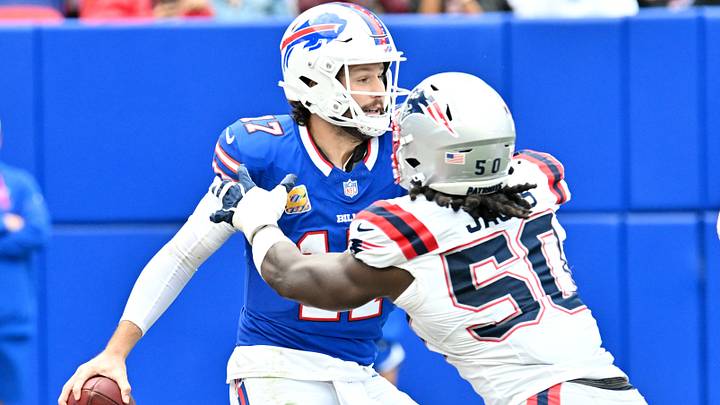 Oct 4, 2026; Orchard Park, New York, USA; Buffalo Bills quarterback Josh Allen (17) is pressured by New England Patriots linebacker Gabe Jacas (50) Oct 4, 2026; Orchard Park, New York, USA; Buffalo Bills quarterback Josh Allen (17) is pressured by New England Patriots linebacker Gabe Jacas (50)