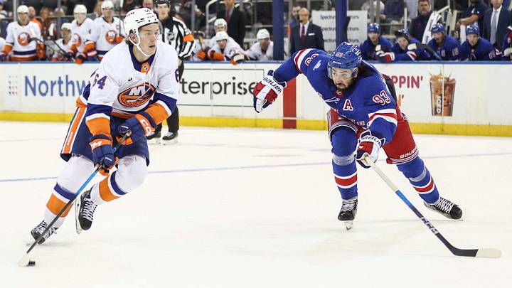Sep 22, 2026; New York, New York, USA; New York Islanders center Calum Ritchie (64) and New York Rangers center Mika Zibanejad (93) battle for control of the puck in the third period at Madison Square Garden. Mandatory Credit: Wendell Cruz-Imagn Images Sep 22, 2026; New York, New York, USA; New York Islanders center Calum Ritchie (64) and New York Rangers center Mika Zibanejad (93) battle for control of the puck in the third period at Madison Square Garden. Mandatory Credit: Wendell Cruz-Imagn Images