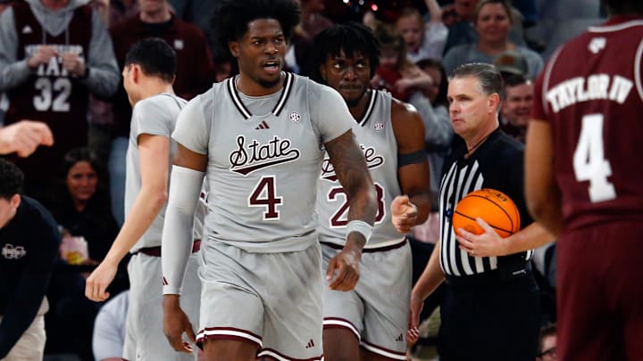 Feb 18, 2025; Starkville, Mississippi, USA; Mississippi State Bulldogs forward Cameron Matthews (4) reacts during the second half against the Texas A&M Aggies at Humphrey Coliseum. Mandatory Credit: Petre Thomas-Imagn Images