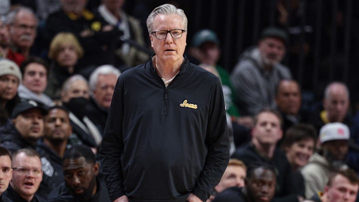 Feb 12, 2025; Piscataway, New Jersey, USA; Iowa Hawkeyes head coach Fran McCaffery looks on during the first half against the Rutgers Scarlet Knights at Jersey Mike's Arena. Mandatory Credit: Vincent Carchietta-Imagn Images