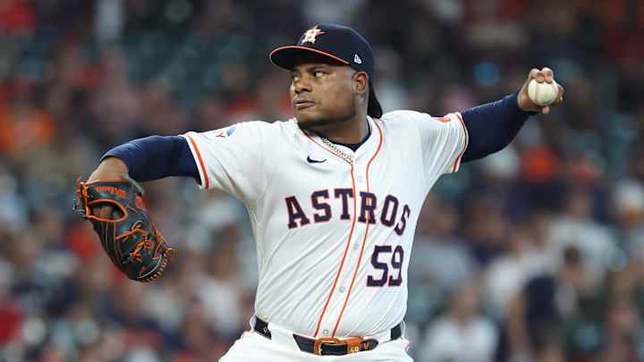 Oct 1, 2024; Houston, Texas, USA; Houston Astros pitcher Framber Valdez (59) throws a pitch in the first inning against the Detroit Tigers in game one of the Wild Card round for the 2024 MLB Playoffs at Minute Maid Park.