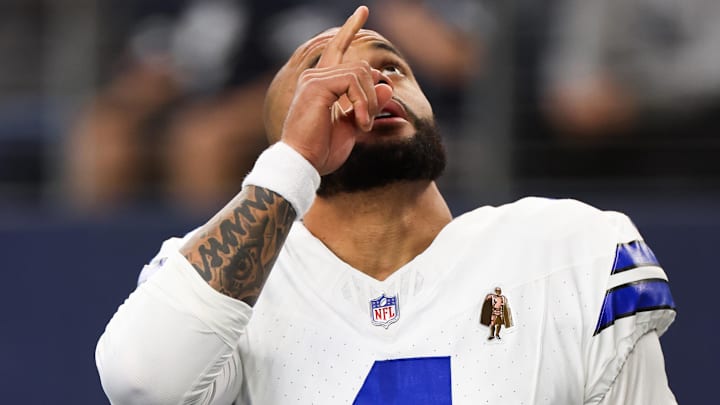 Dallas Cowboys quarterback Dak Prescott (4) reacts before the game against the New York Giants at AT&T Stadium.