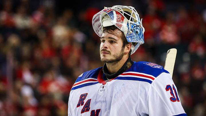 Oct 26, 2025; Calgary, Alberta, CAN; New York Rangers goaltender Igor Shesterkin (31) during the second period against the Calgary Flames at Scotiabank Saddledome. Mandatory Credit: Sergei Belski-Imagn Images Oct 26, 2025; Calgary, Alberta, CAN; New York Rangers goaltender Igor Shesterkin (31) during the second period against the Calgary Flames at Scotiabank Saddledome. Mandatory Credit: Sergei Belski-Imagn Images