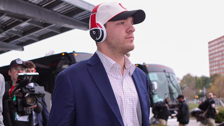 Georgia Bulldogs quarterback Gunner Stockton (14) walks into Mercedes-Benz Stadium before the 2025 SEC Championship game against the Alabama Crimson Tide.