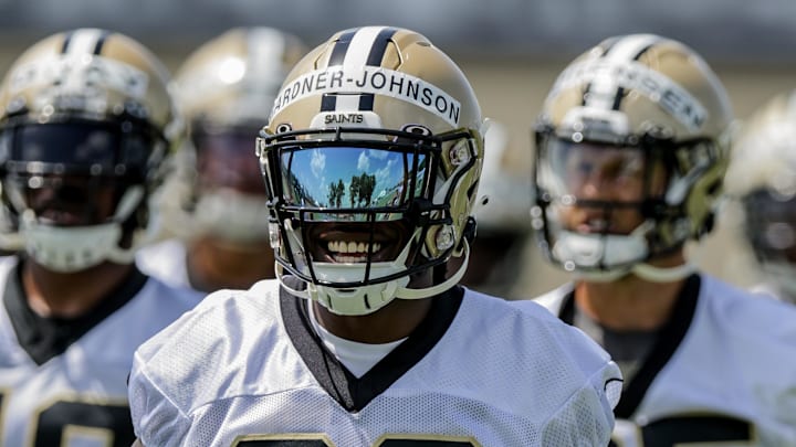 Jun 14, 2022; New Orleans, Louisiana, USA;  New Orleans Saints safety C.J. Gardner-Johnson (22) during minicamp at the New Orleans Saints Training Facility. Mandatory Credit: Stephen Lew-Imagn Images Jun 14, 2022; New Orleans, Louisiana, USA;  New Orleans Saints safety C.J. Gardner-Johnson (22) during minicamp at the New Orleans Saints Training Facility. Mandatory Credit: Stephen Lew-Imagn Images