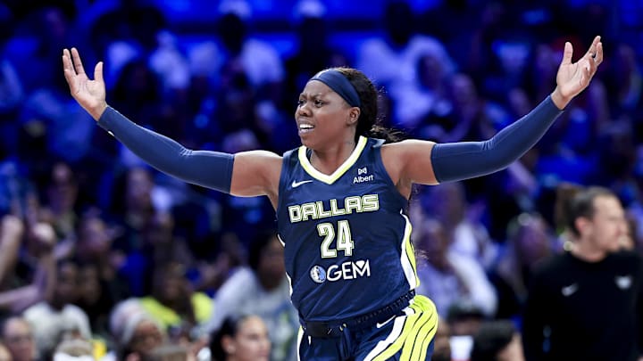 May 16, 2025; Arlington, Texas, USA; Dallas Wings guard Arike Ogunbowale (24) reacts after scoring against the Minnesota Lynx  during the first half at College Park Center. Mandatory Credit: Kevin Jairaj-Imagn Images