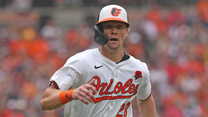May 27, 2024; Baltimore, Maryland, USA; Baltimore Orioles outfielder Kyle Stowers (29) rounds third base to score in the fourth inning against the Boston Red Sox at Oriole Park at Camden Yards. Mandatory Credit: Mitch Stringer-USA TODAY Sports