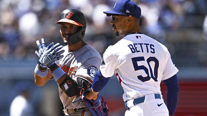 Jun 21, 2026; Los Angeles, California, USA; Baltimore Orioles second baseman Jeremiah Jackson (82) celebrates at second base after hitting an RBI double against Los Angeles Dodgers shortstop Mookie Betts (50) during seventh inning at Dodger Stadium. Mandatory Credit: Jonathan Hui-Imagn Images Jun 21, 2026; Los Angeles, California, USA; Baltimore Orioles second baseman Jeremiah Jackson (82) celebrates at second base after hitting an RBI double against Los Angeles Dodgers shortstop Mookie Betts (50) during seventh inning at Dodger Stadium. Mandatory Credit: Jonathan Hui-Imagn Images