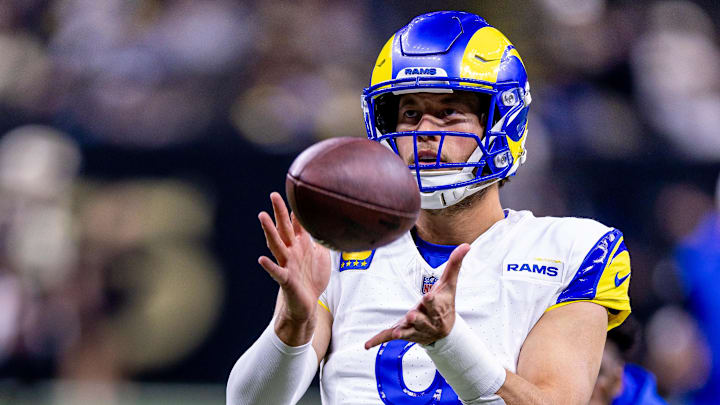 Dec 1, 2024; New Orleans, Louisiana, USA;  Los Angeles Rams quarterback Matthew Stafford (9) during warms up against the New Orleans Saints at Caesars Superdome. Mandatory Credit: Stephen Lew-Imagn Images