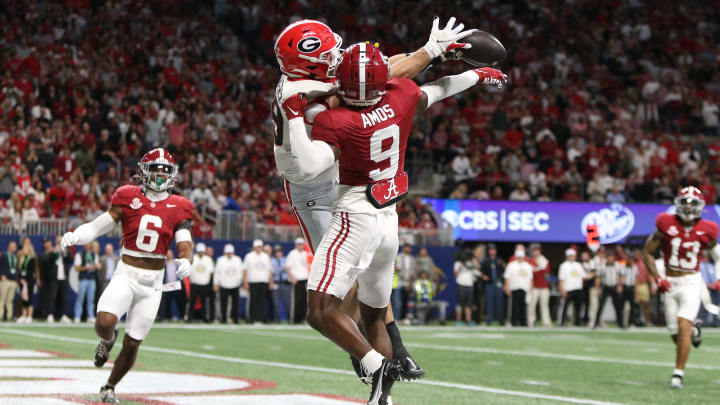 Dec 2, 2023; Atlanta, GA, USA; Georgia Bulldogs tight end Brock Bowers (19) cannot make a catch against Alabama Crimson Tide defensive back Trey Amos (9) in the third quarter at Mercedes-Benz Stadium. Mandatory Credit: Brett Davis-USA TODAY Sports Dec 2, 2023; Atlanta, GA, USA; Georgia Bulldogs tight end Brock Bowers (19) cannot make a catch against Alabama Crimson Tide defensive back Trey Amos (9) in the third quarter at Mercedes-Benz Stadium. Mandatory Credit: Brett Davis-USA TODAY Sports