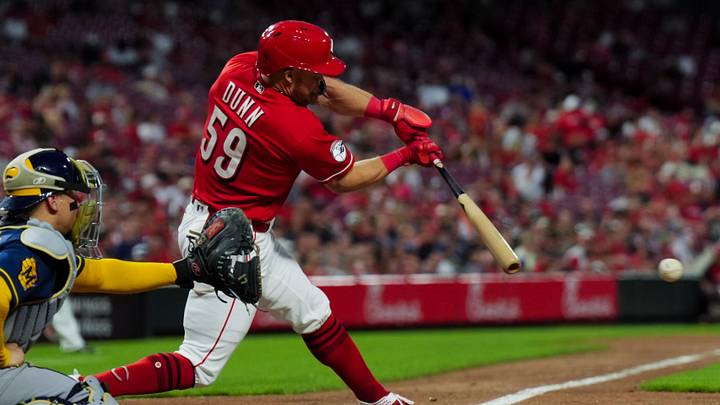 Jun 24, 2026; Cincinnati, Ohio, USA; Cincinnati Reds outfielder Blake Dunn hits an RBI double against the Milwaukee Brewers in the sixth inning at Great American Ball Park. Mandatory Credit: Aaron Doster-Imagn Images Jun 24, 2026; Cincinnati, Ohio, USA; Cincinnati Reds outfielder Blake Dunn hits an RBI double against the Milwaukee Brewers in the sixth inning at Great American Ball Park. Mandatory Credit: Aaron Doster-Imagn Images