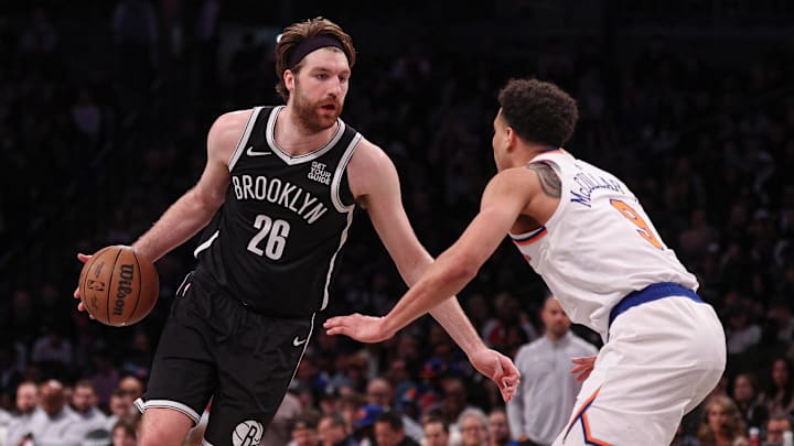 Apr 13, 2025; Brooklyn, New York, USA; Brooklyn Nets forward Drew Timme (26) is guarded by New York Knicks forward Kevin McCullar Jr. (9) during the second half at Barclays Center. Mandatory Credit: Vincent Carchietta-Imagn Images Apr 13, 2025; Brooklyn, New York, USA; Brooklyn Nets forward Drew Timme (26) is guarded by New York Knicks forward Kevin McCullar Jr. (9) during the second half at Barclays Center. Mandatory Credit: Vincent Carchietta-Imagn Images