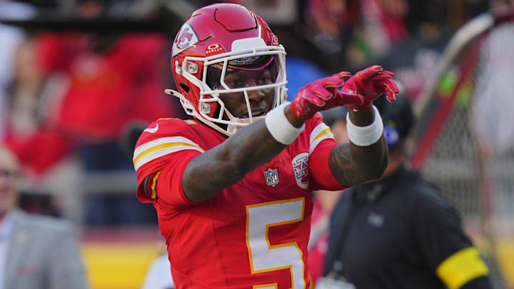 Nov 23, 2025; Kansas City, Missouri, USA; Kansas City Chiefs wide receiver Hollywood Brown (5) reacts after a catch against the Indianapolis Colts in the second half at GEHA Field at Arrowhead Stadium. Mandatory Credit: Jay Biggerstaff-Imagn Images